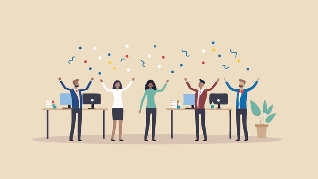Office celebration with confetti and happy employees raising arms in a cheerful atmosphere at work
