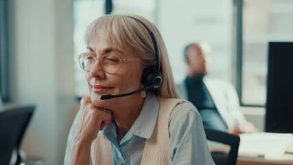 Poster - Call center, mature and headset with woman in office for telemarketing, sales agent or advice. Lead generation, contact us and loan assistance with person in agency for help desk and communication