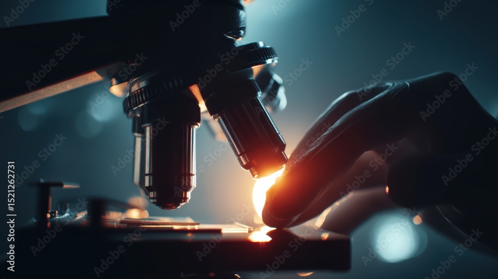 artistic professional photo of scientist hand placing slide under ...
