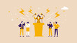 © Seth - Woman giving a speech at a podium with microphones and people listening in a flat vector illustration