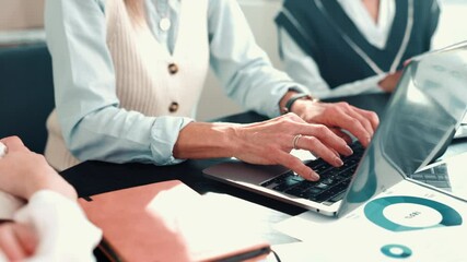 Poster - Business people, hands and typing with laptop or documents for company analysis at office. Employees, group or team with computer or paperwork for corporate performance or data analytics at workplace