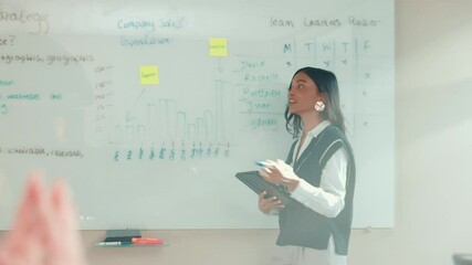 Poster - Woman, whiteboard and presentation in office for marketing strategy, business proposal and tasks. Speaker, employee team and tablet in workplace for productivity meeting, sales graph or info feedback