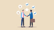 © Seth - Two business people shaking hands surrounded by thumbs up and check mark icons in a circle shape