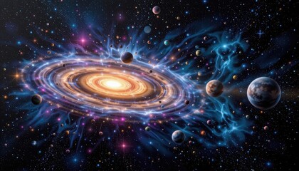 Wall Mural - Vibrant Spiral Galaxy with Bright Core Surrounded by Multiple Planets in Deep Space
