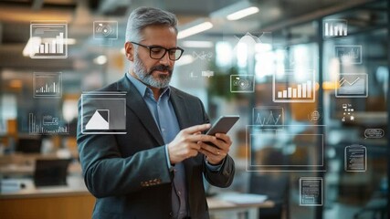 Fototapete - Mature businessman using a smartphone with augmented reality data visualizations in modern office