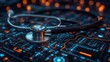 © beehu - High-res digital art of a shiny metallic stethoscope on a glowing futuristic medical interface. Blue and orange data grids and warm bokeh lights create a modern healthcare tech scene.