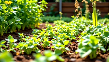 Poster - a flourishing garden scene, filled with vibrant green plants growing in rich soil, showcasing the beauty of nature's growth 