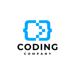 illustration of a coding shape with a pixel shape. logo template for technology industries.