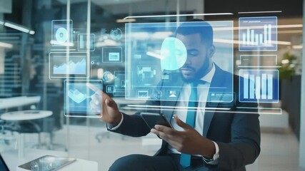 Poster - Business professional using mobile technology and data analytics in modern office