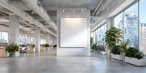 Wall Mural - modern office interior features high ceilings, exposed ductwork, and a central blank white billboard