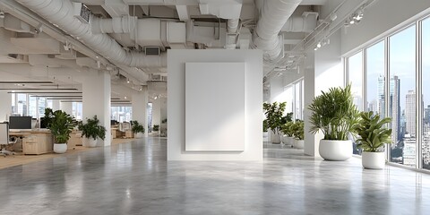 Wall Mural - modern office interior features high ceilings, exposed ductwork, and a central blank white billboard