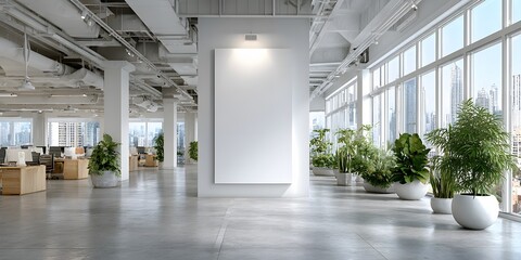Wall Mural - modern office interior features high ceilings, exposed ductwork, and a central blank white billboard