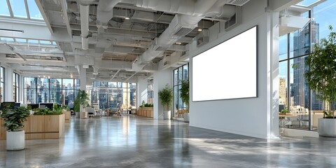 Wall Mural - modern office interior features high ceilings, exposed ductwork, and a central blank white billboard
