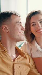 Poster - Selfie, laugh and couple on sofa with peace sign for social media, online post and profile picture. Love, dating and man with woman take photo with emoji for bonding, fun and relax in living room