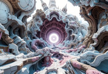Poster - Futuristic Abstract Structures With Tunnel Leading to Vibrant Central Light.