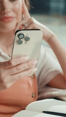 Aufkleber - Woman, hands and typing on mobile for remote work, small business planning and schedule in notebook. Entrepreneur, smile and phone in home for startup networking, research and making appointment