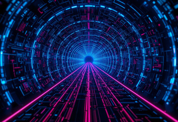 Poster - Futuristic Digital Tunnel with Neon Lights and Cyber Network Elements.