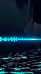 Poster - Glowing cyan audio waveform moving over dark grid surface
