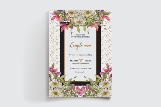 WEDDING INVITATION FRAME WITH FLOWER DECORATIONS AND FRESH LEAVES