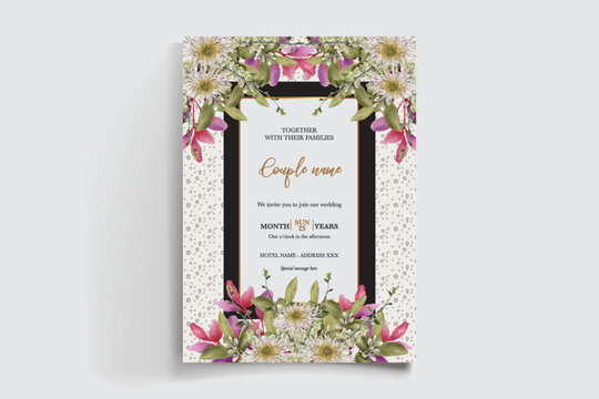 WEDDING INVITATION FRAME WITH FLOWER DECORATIONS AND FRESH LEAVES