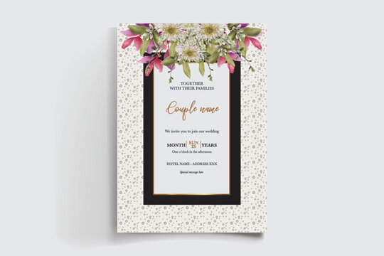 WEDDING INVITATION FRAME WITH FLOWER DECORATIONS AND FRESH LEAVES