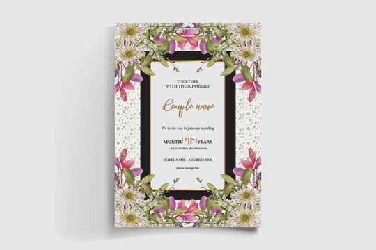 WEDDING INVITATION FRAME WITH FLOWER DECORATIONS AND FRESH LEAVES