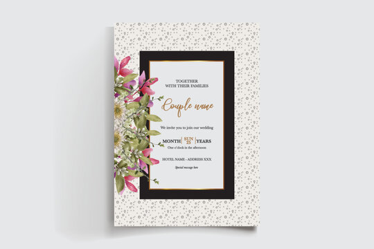 WEDDING INVITATION FRAME WITH FLOWER DECORATIONS AND FRESH LEAVES