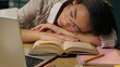 © Yuliia - Sleeping tired woman exhausted American Latina ethnic girl weary lazy female high school student overworked businesswoman relax nap on table boring studying at home kitchen sleep napping close eyes