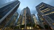 © alex - Skyscrapers with glass facade reflecting twilight lighting and horizon glow. AI generated.