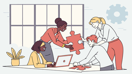 Poster - Team of diverse professionals collaborating on a puzzle in an office environment with a laptop and plant