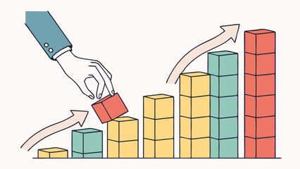 Poster - Hand placing a block on a growing bar graph with upward arrows illustrating business growth concept