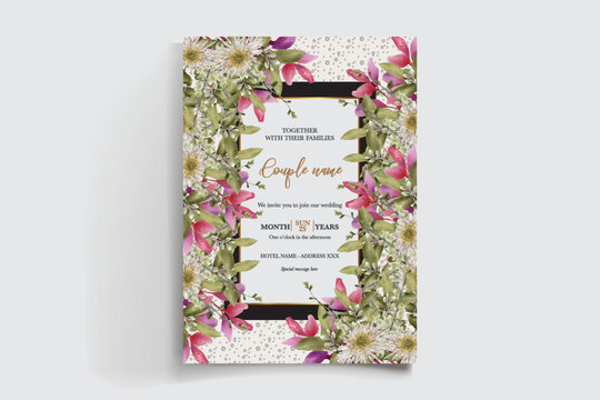 WEDDING INVITATION FRAME WITH FLOWER DECORATIONS AND FRESH LEAVES