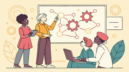 Poster - Group of diverse people in a meeting with a presenter pointing to a diagram on a whiteboard in a room