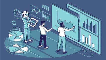 Poster - Illustration depicting a robot and two people analyzing data on charts and graphs in a digital environment