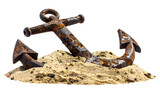 realistic rusty iron anchor resting on pile of sand, nautical symbol of shipwreck or stability, on isolated background
