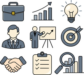 a professional set of vector business icons for topics like management, finance, marketing, and anal