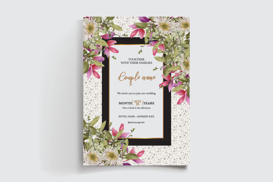 WEDDING INVITATION FRAME WITH FLOWER DECORATIONS AND FRESH LEAVES
