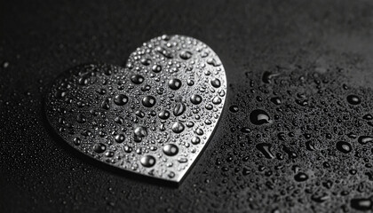 Aufkleber - Heart made from metal with water droplets, black background. Love and romantic concept.