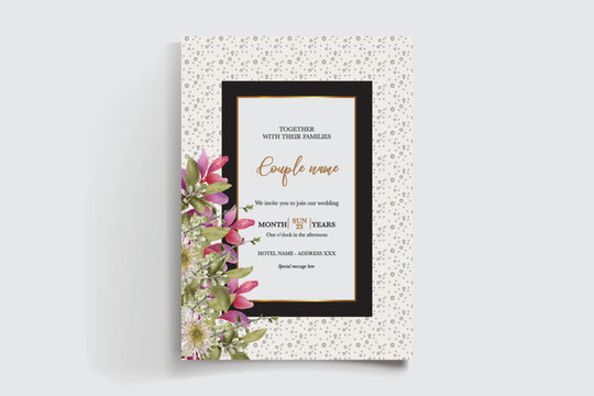 WEDDING INVITATION FRAME WITH FLOWER DECORATIONS AND FRESH LEAVES