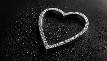 Aufkleber - Heart made from metal with water droplets, black background. Love and romantic concept.