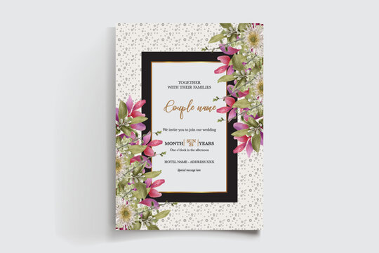 WEDDING INVITATION FRAME WITH FLOWER DECORATIONS AND FRESH LEAVES