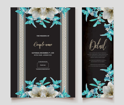 WEDDING INVITATION FRAME WITH FLOWER DECORATIONS AND FRESH LEAVES