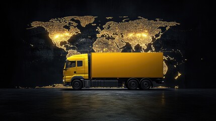 Poster - A bright yellow truck moves forward over a dark background, a world map behind it, representing the power and reach of global delivery networks