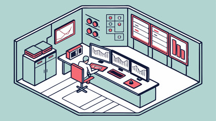 Poster - Isometric view of an office space with a person working at a desk with multiple monitors displaying graphs