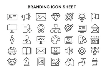 Poster - Icon Collection for Branding and Marketing: A comprehensive collection of branding icons. The monochrome design elements representing core aspects of brand identity, marketing tools.