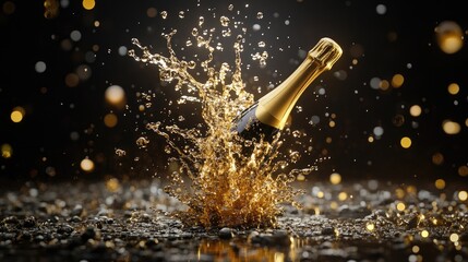 Poster - A bottle of champagne erupts in a golden spray of sparkling liquid against a dark background, droplets frozen midair capturing pure celebration