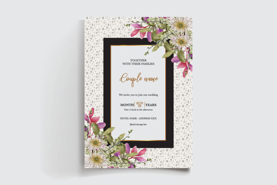 WEDDING INVITATION FRAME WITH FLOWER DECORATIONS AND FRESH LEAVES