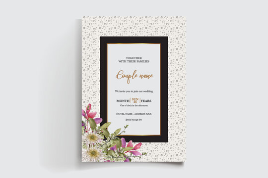 WEDDING INVITATION FRAME WITH FLOWER DECORATIONS AND FRESH LEAVES