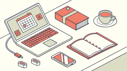 Poster - Isometric view of a desk with a laptop calendar book coffee phone and accessories on a white surface