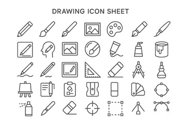 Poster - Drawing Icons Collection: A comprehensive collection of sleek, modern, line-art drawing icons, perfect for various creative applications and design projects, presented on a soft neutral backdrop.